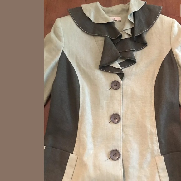 E.B. EVIE BELLE 100% Linen Green Jacket Ruffle Trench Flattering 2 Toned Duster - Picture 2 of 7